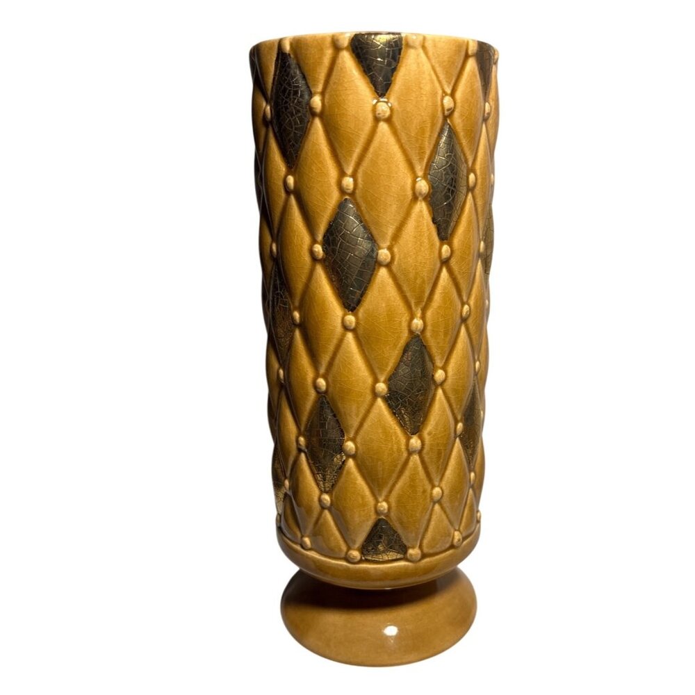 Tall Ceramic Vase Diamond Lattice Design Signed Carol MCM Gold Brown 8.5" Tall